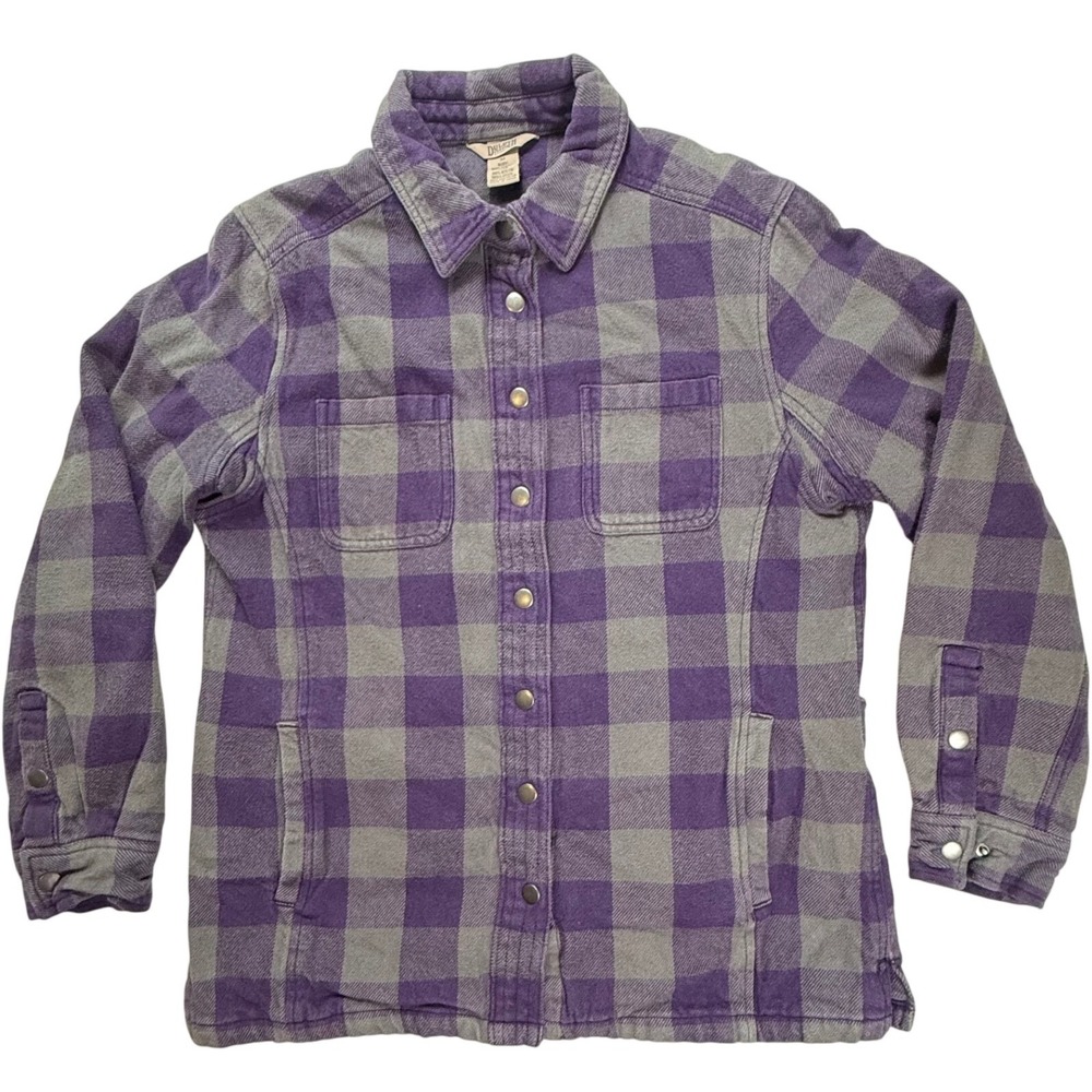 Duluth Trading Co Purple Plaid‎ Quilted Lined Flannel Shirt Jacket Womens Medium